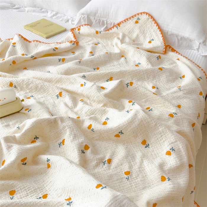 91家纺网 家纺一手货源 找家纺 布凡家居 2026新款全棉纯棉双层纱布毯夏被毯盖毯双层纱浴巾毯 皱皱纱-小花花