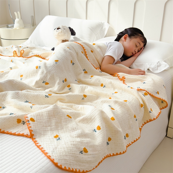 91家纺网 家纺一手货源 找家纺 布凡家居 2026新款全棉纯棉双层纱布毯夏被毯盖毯双层纱浴巾毯 皱皱纱-小花花