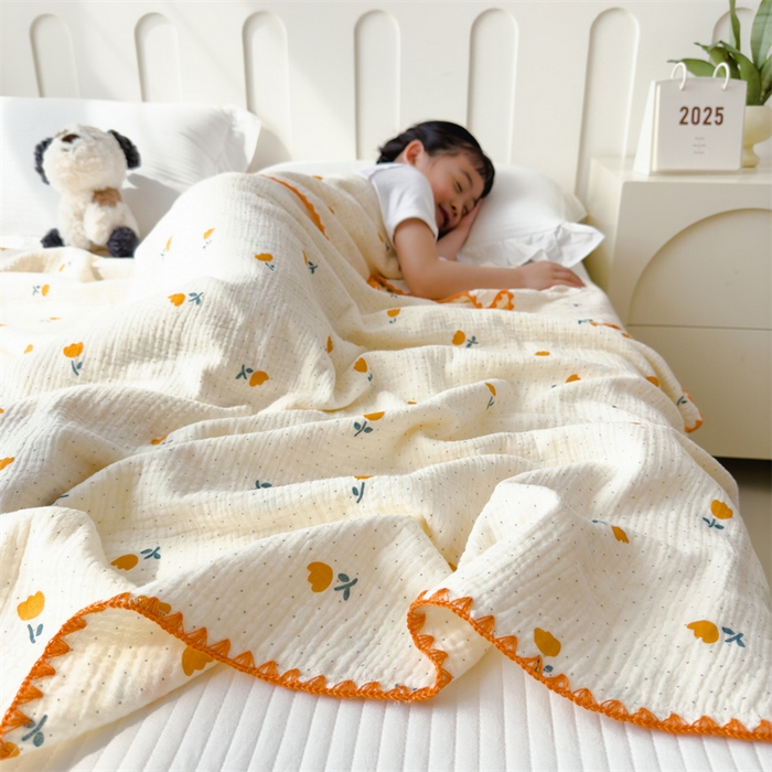 91家纺网 家纺一手货源 找家纺 布凡家居 2026新款全棉纯棉双层纱布毯夏被毯盖毯双层纱浴巾毯 皱皱纱-小花花