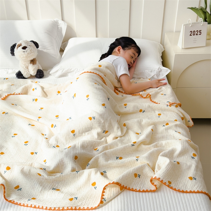 91家纺网 家纺一手货源 找家纺 布凡家居 2026新款全棉纯棉双层纱布毯夏被毯盖毯双层纱浴巾毯 皱皱纱-小花花