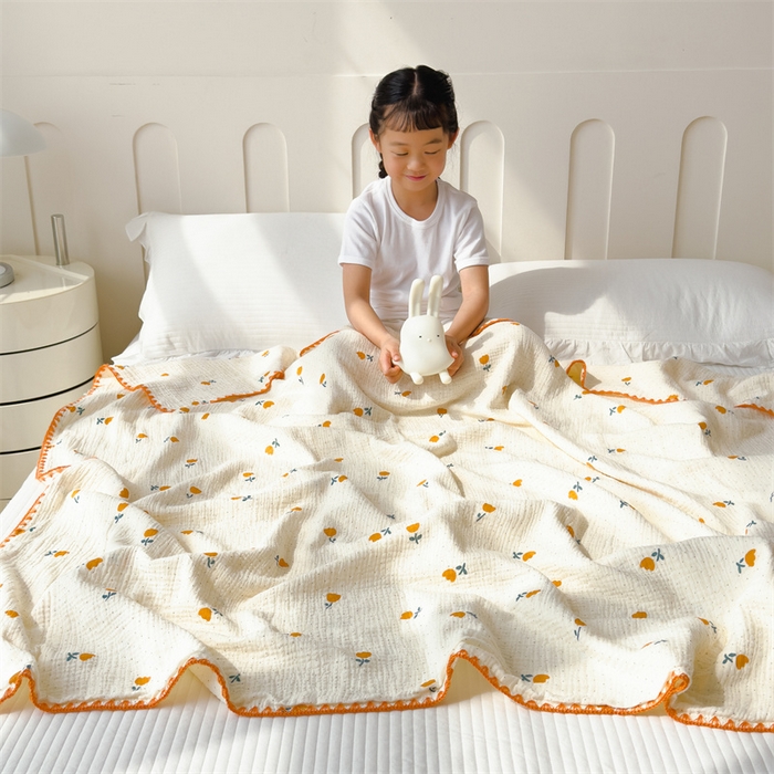 91家纺网 家纺一手货源 找家纺 布凡家居 2026新款全棉纯棉双层纱布毯夏被毯盖毯双层纱浴巾毯 皱皱纱-小花花