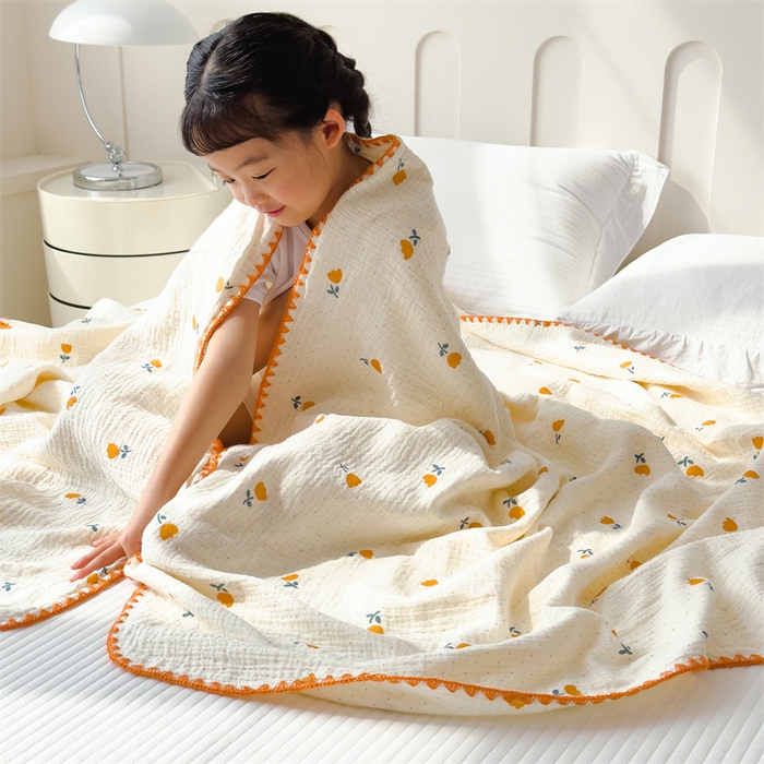 91家纺网 家纺一手货源 找家纺 布凡家居 2026新款全棉纯棉双层纱布毯夏被毯盖毯双层纱浴巾毯 皱皱纱-小花花