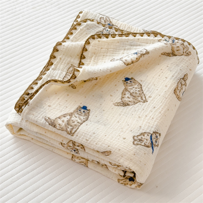 91家纺网 家纺一手货源 找家纺 布凡家居 2026新款全棉纯棉双层纱布毯夏被毯盖毯双层纱浴巾毯 皱皱纱-小猫咪