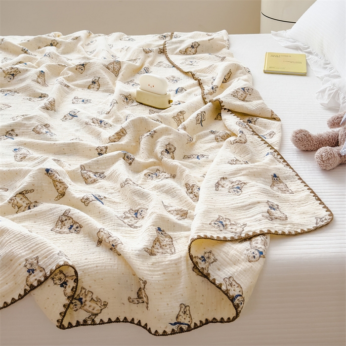 91家纺网 家纺一手货源 找家纺 布凡家居 2026新款全棉纯棉双层纱布毯夏被毯盖毯双层纱浴巾毯 皱皱纱-小猫咪