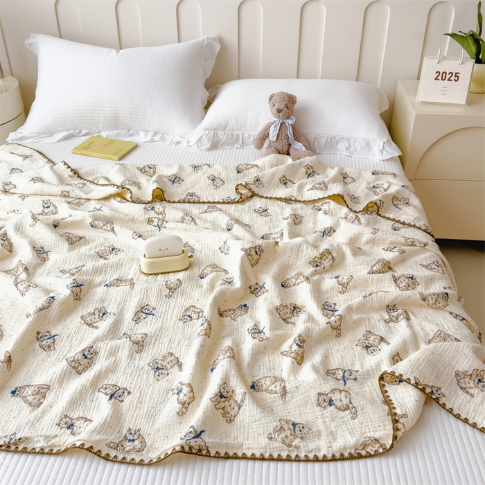 91家纺网 家纺一手货源 找家纺 布凡家居 2026新款全棉纯棉双层纱布毯夏被毯盖毯双层纱浴巾毯 皱皱纱-小猫咪