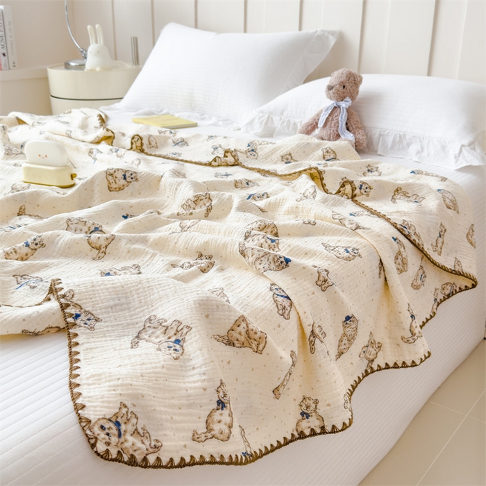 91家纺网 家纺一手货源 找家纺 布凡家居 2026新款全棉纯棉双层纱布毯夏被毯盖毯双层纱浴巾毯 皱皱纱-小猫咪