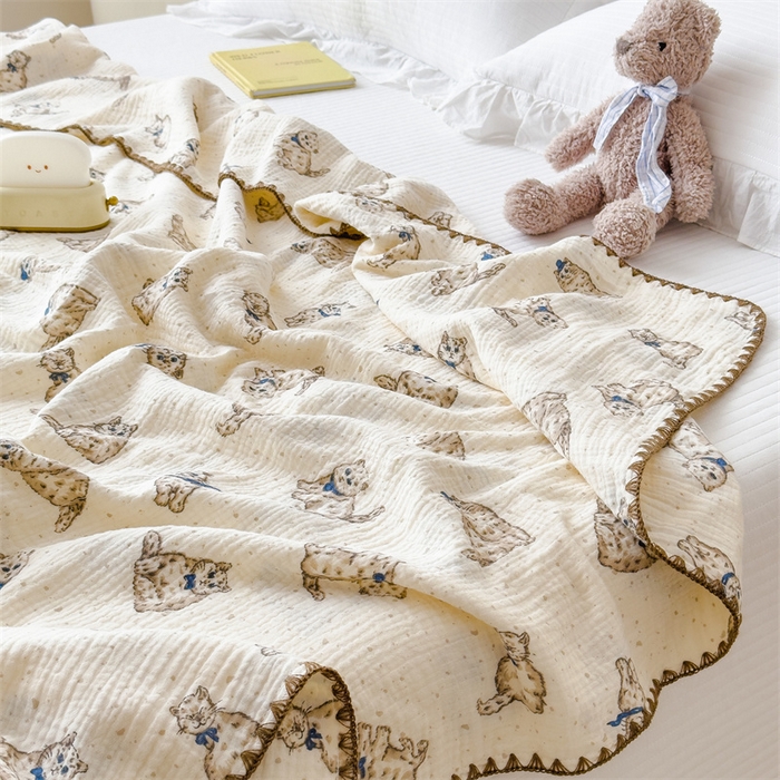 91家纺网 家纺一手货源 找家纺 布凡家居 2026新款全棉纯棉双层纱布毯夏被毯盖毯双层纱浴巾毯 皱皱纱-小猫咪
