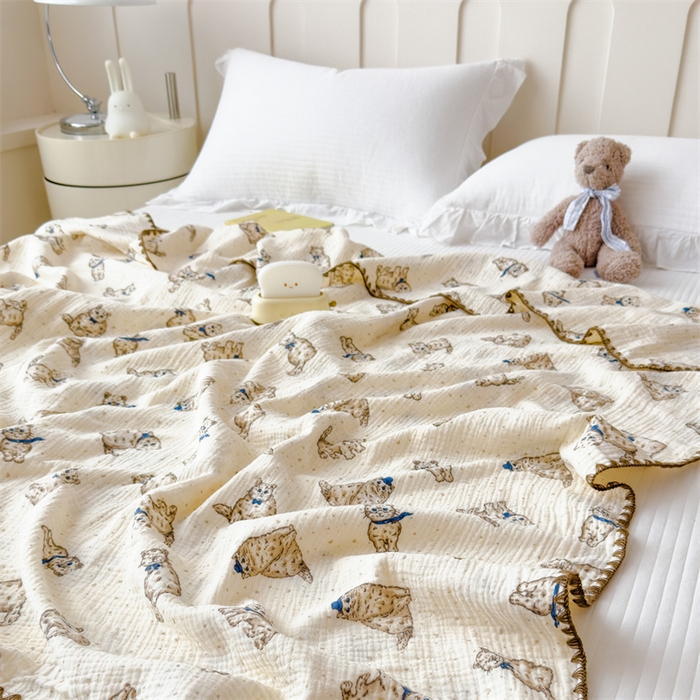 91家纺网 家纺一手货源 找家纺 布凡家居 2026新款全棉纯棉双层纱布毯夏被毯盖毯双层纱浴巾毯 皱皱纱-小猫咪