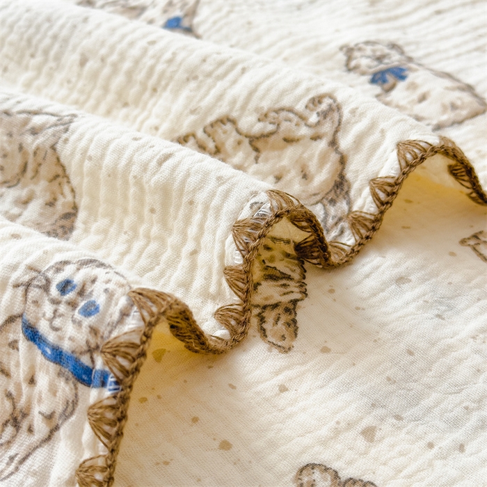 91家纺网 家纺一手货源 找家纺 布凡家居 2026新款全棉纯棉双层纱布毯夏被毯盖毯双层纱浴巾毯 皱皱纱-小猫咪