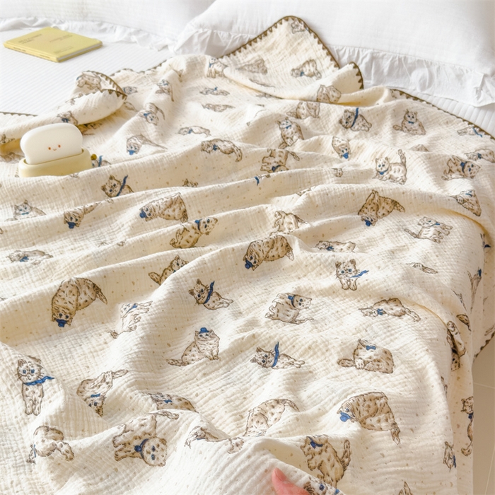 91家纺网 家纺一手货源 找家纺 布凡家居 2026新款全棉纯棉双层纱布毯夏被毯盖毯双层纱浴巾毯 皱皱纱-小猫咪