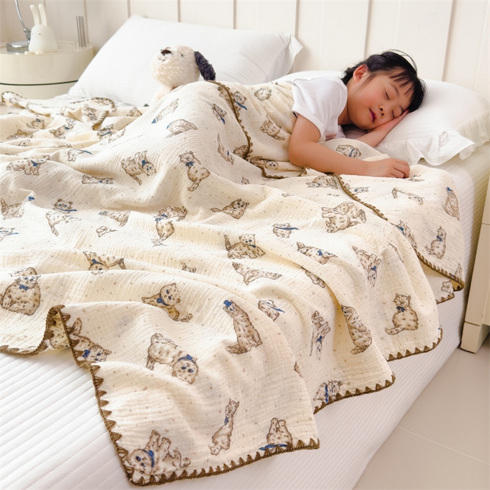 91家纺网 家纺一手货源 找家纺 布凡家居 2026新款全棉纯棉双层纱布毯夏被毯盖毯双层纱浴巾毯 皱皱纱-小猫咪