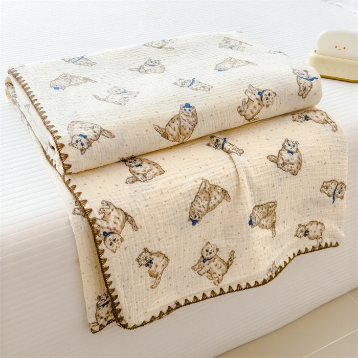 91家纺网 家纺一手货源 找家纺 布凡家居 2026新款全棉纯棉双层纱布毯夏被毯盖毯双层纱浴巾毯 皱皱纱-小猫咪