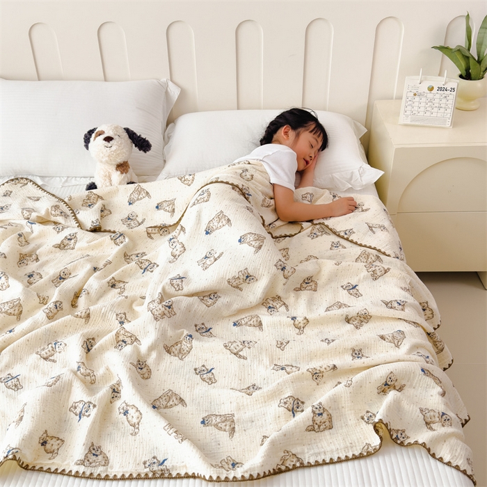 91家纺网 家纺一手货源 找家纺 布凡家居 2026新款全棉纯棉双层纱布毯夏被毯盖毯双层纱浴巾毯 皱皱纱-小猫咪