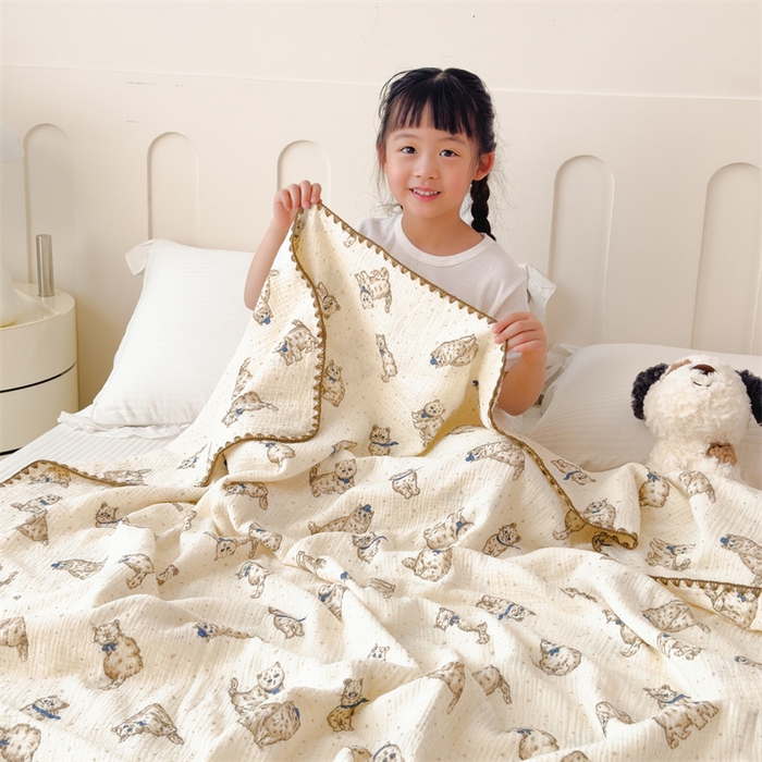 91家纺网 家纺一手货源 找家纺 布凡家居 2026新款全棉纯棉双层纱布毯夏被毯盖毯双层纱浴巾毯 皱皱纱-小猫咪