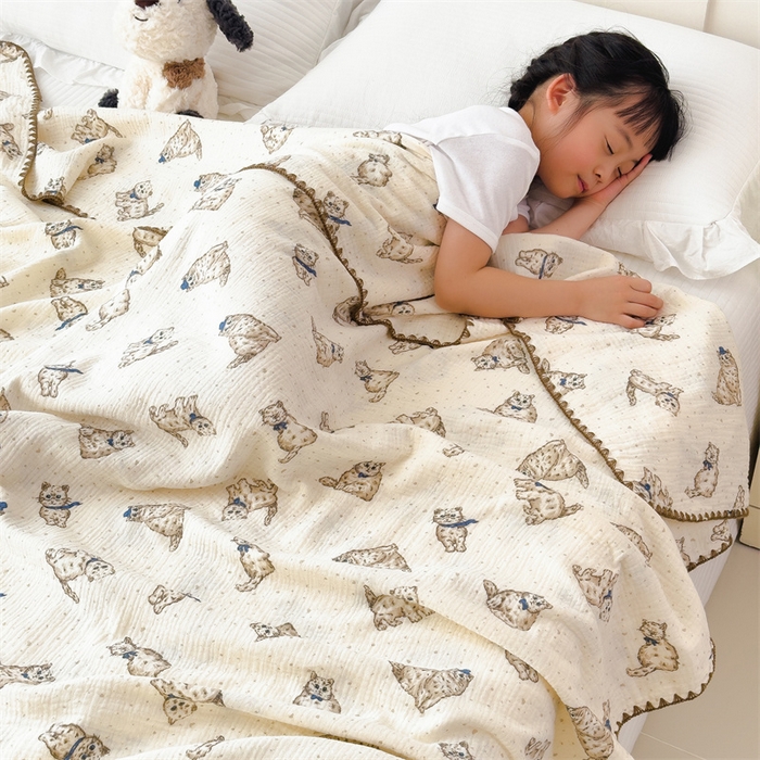 91家纺网 家纺一手货源 找家纺 布凡家居 2026新款全棉纯棉双层纱布毯夏被毯盖毯双层纱浴巾毯 皱皱纱-小猫咪