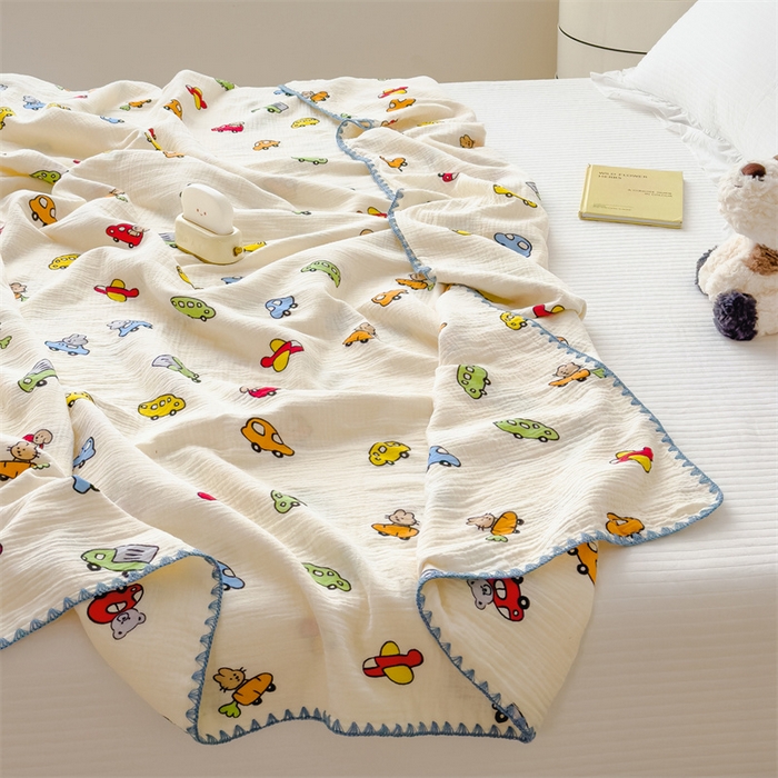 91家纺网 家纺一手货源 找家纺 布凡家居 2026新款全棉纯棉双层纱布毯夏被毯盖毯双层纱浴巾毯 皱皱纱-小汽车