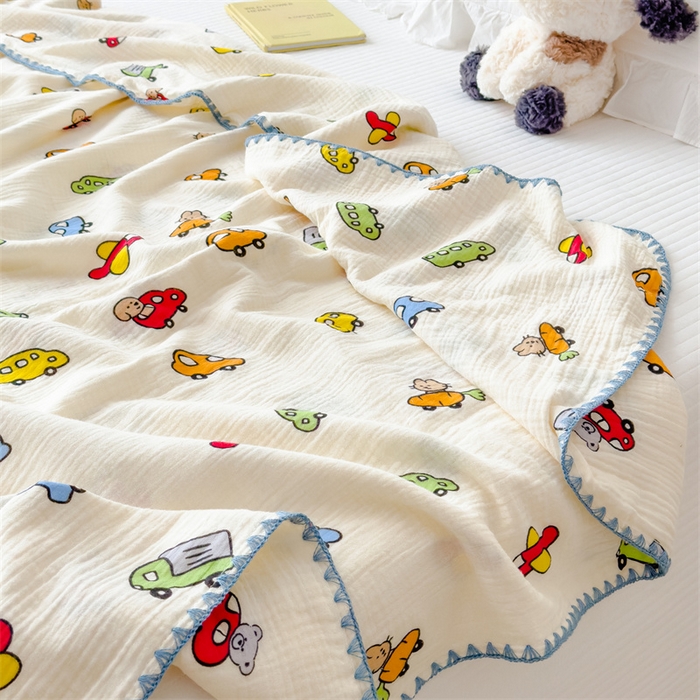 91家纺网 家纺一手货源 找家纺 布凡家居 2026新款全棉纯棉双层纱布毯夏被毯盖毯双层纱浴巾毯 皱皱纱-小汽车