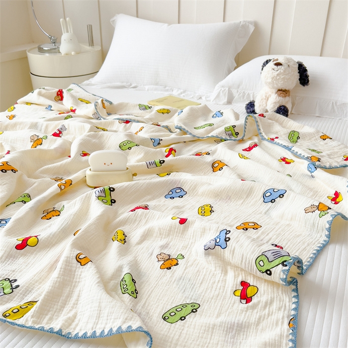 91家纺网 家纺一手货源 找家纺 布凡家居 2026新款全棉纯棉双层纱布毯夏被毯盖毯双层纱浴巾毯 皱皱纱-小汽车