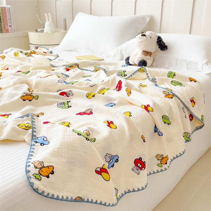 91家纺网 家纺一手货源 找家纺 布凡家居 2026新款全棉纯棉双层纱布毯夏被毯盖毯双层纱浴巾毯 皱皱纱-小汽车