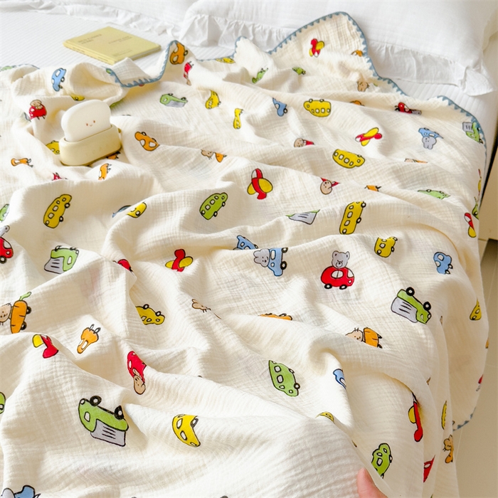 91家纺网 家纺一手货源 找家纺 布凡家居 2026新款全棉纯棉双层纱布毯夏被毯盖毯双层纱浴巾毯 皱皱纱-小汽车