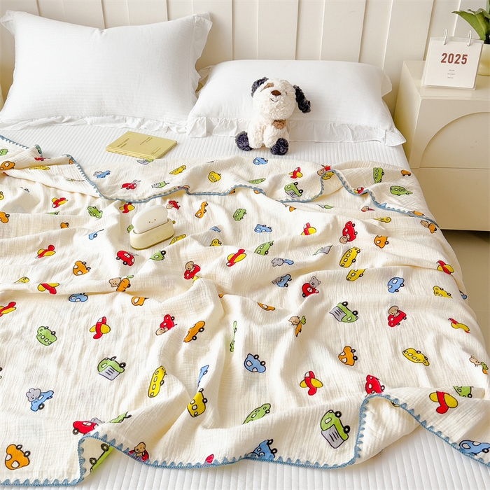 91家纺网 家纺一手货源 找家纺 布凡家居 2026新款全棉纯棉双层纱布毯夏被毯盖毯双层纱浴巾毯 皱皱纱-小汽车