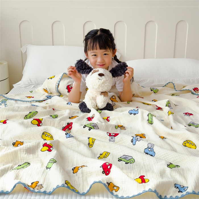 91家纺网 家纺一手货源 找家纺 布凡家居 2026新款全棉纯棉双层纱布毯夏被毯盖毯双层纱浴巾毯 皱皱纱-小汽车