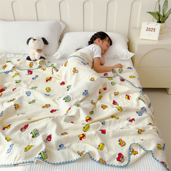 91家纺网 家纺一手货源 找家纺 布凡家居 2026新款全棉纯棉双层纱布毯夏被毯盖毯双层纱浴巾毯 皱皱纱-小汽车