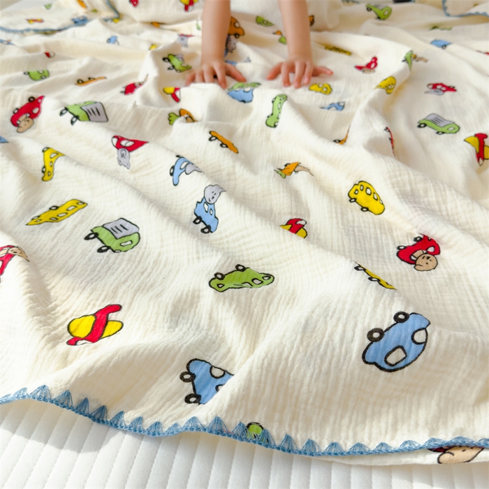 91家纺网 家纺一手货源 找家纺 布凡家居 2026新款全棉纯棉双层纱布毯夏被毯盖毯双层纱浴巾毯 皱皱纱-小汽车