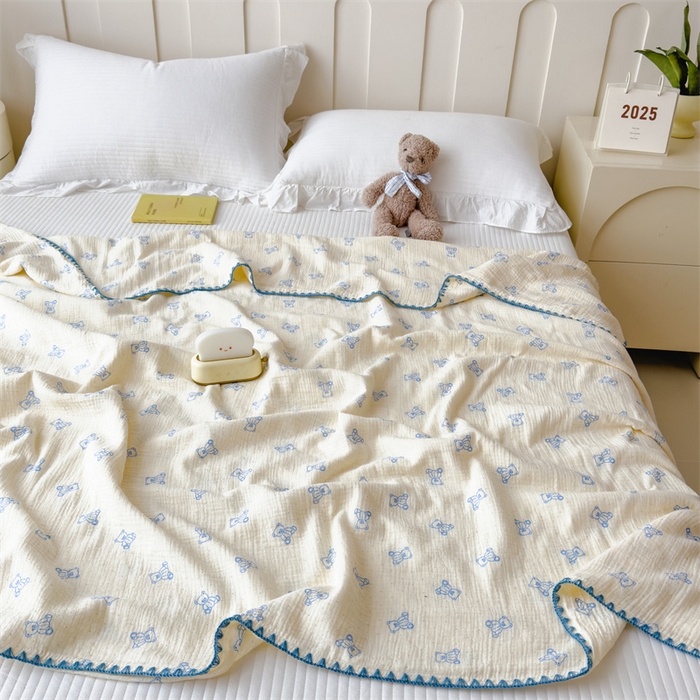 91家纺网 家纺一手货源 找家纺 布凡家居 2026新款全棉纯棉双层纱布毯夏被毯盖毯双层纱浴巾毯 皱皱纱-熊多多