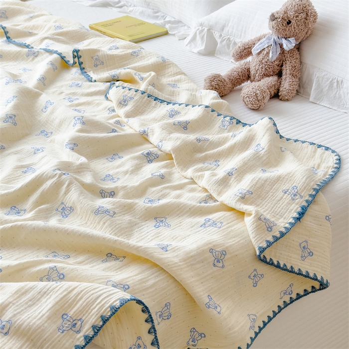 91家纺网 家纺一手货源 找家纺 布凡家居 2026新款全棉纯棉双层纱布毯夏被毯盖毯双层纱浴巾毯 皱皱纱-熊多多