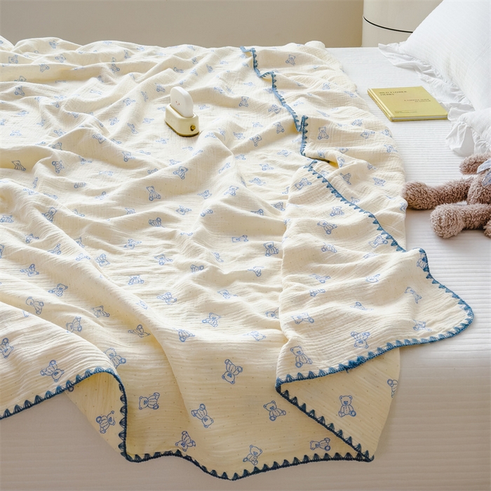 91家纺网 家纺一手货源 找家纺 布凡家居 2026新款全棉纯棉双层纱布毯夏被毯盖毯双层纱浴巾毯 皱皱纱-熊多多