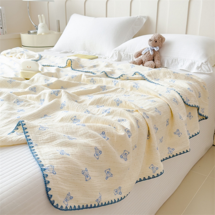 91家纺网 家纺一手货源 找家纺 布凡家居 2026新款全棉纯棉双层纱布毯夏被毯盖毯双层纱浴巾毯 皱皱纱-熊多多