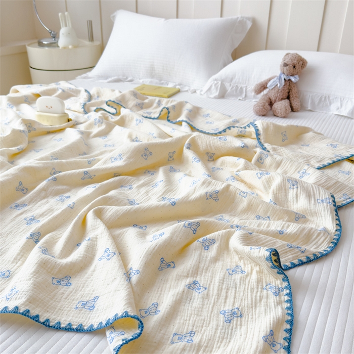 91家纺网 家纺一手货源 找家纺 布凡家居 2026新款全棉纯棉双层纱布毯夏被毯盖毯双层纱浴巾毯 皱皱纱-熊多多