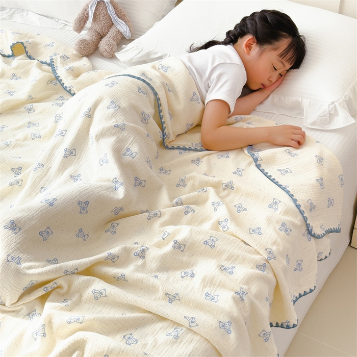 91家纺网 家纺一手货源 找家纺 布凡家居 2026新款全棉纯棉双层纱布毯夏被毯盖毯双层纱浴巾毯 皱皱纱-熊多多