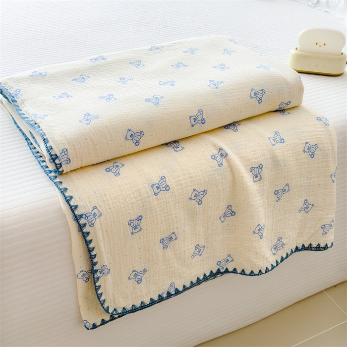 91家纺网 家纺一手货源 找家纺 布凡家居 2026新款全棉纯棉双层纱布毯夏被毯盖毯双层纱浴巾毯 皱皱纱-熊多多