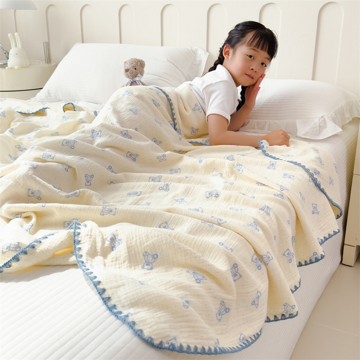 91家纺网 家纺一手货源 找家纺 布凡家居 2026新款全棉纯棉双层纱布毯夏被毯盖毯双层纱浴巾毯 皱皱纱-熊多多