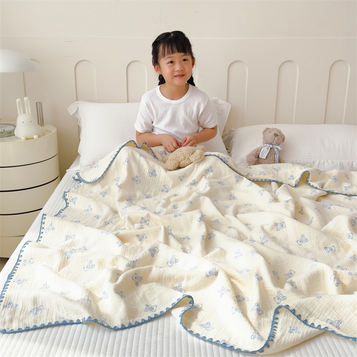 91家纺网 家纺一手货源 找家纺 布凡家居 2026新款全棉纯棉双层纱布毯夏被毯盖毯双层纱浴巾毯 皱皱纱-熊多多