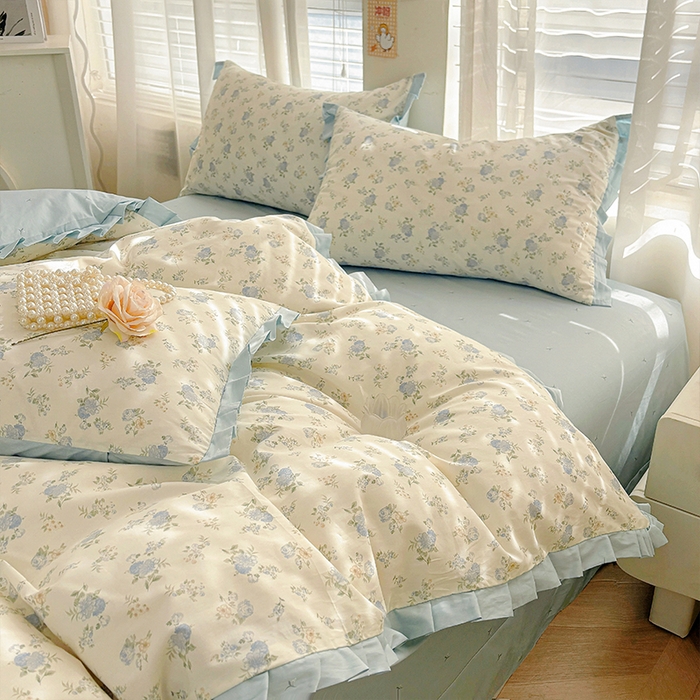 91家纺网 家纺一手货源 找家纺 帛美家纺 2026新款全棉花边款印花四件套 小蓝花