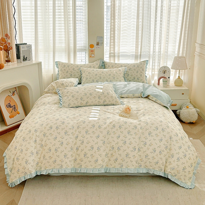 帛美家纺 2026新款全棉花边款印花四件套 小蓝花