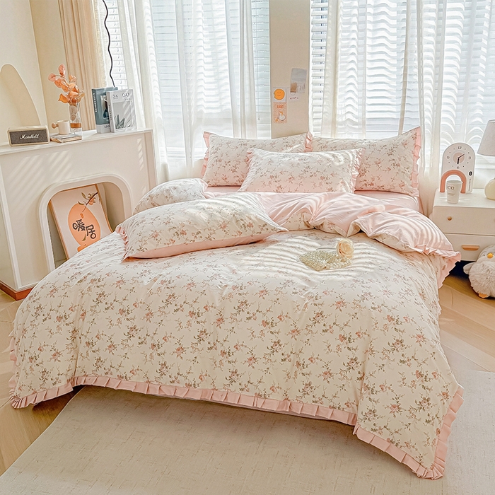 91家纺网 家纺一手货源 找家纺 帛美家纺 2026新款全棉花边款印花四件套 月下笛