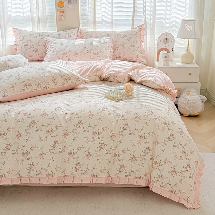 91家纺网 家纺一手货源 找家纺 帛美家纺 2026新款全棉花边款印花四件套 月下笛