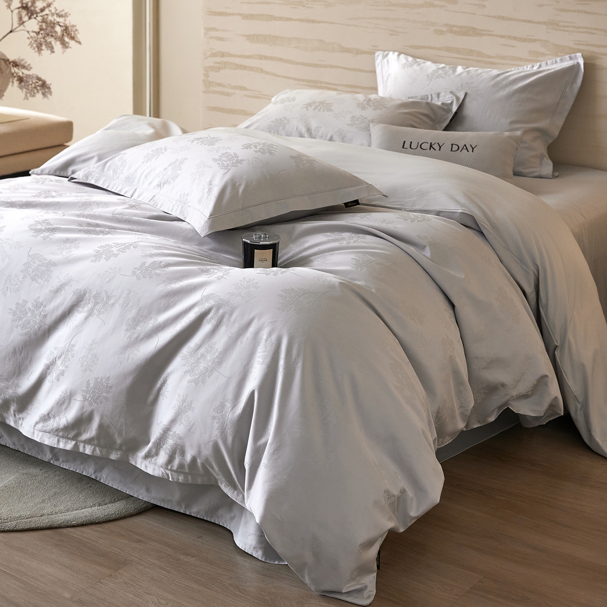 91家纺网 家纺一手货源 找家纺 梧桐树 2026新款60支长绒棉提花高奢系列四件套 T07漫叶-灰