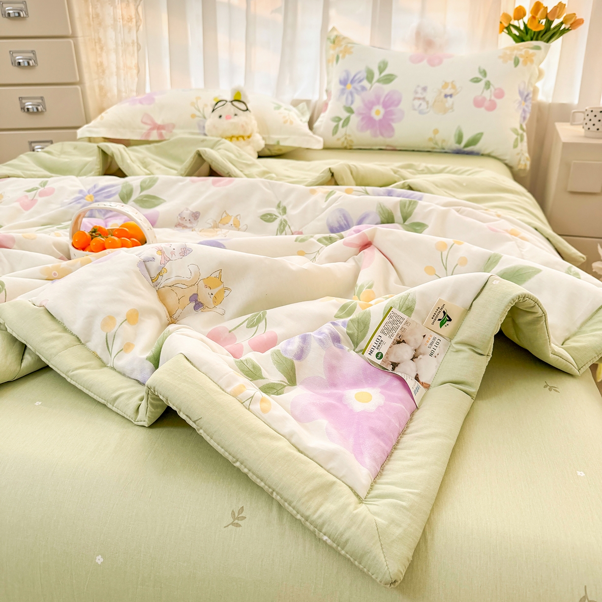 91家纺网 家纺一手货源 找家纺 寝美资家居 2026新款A类里外全棉夏凉被四件套-风格一 甜蜜萌宠