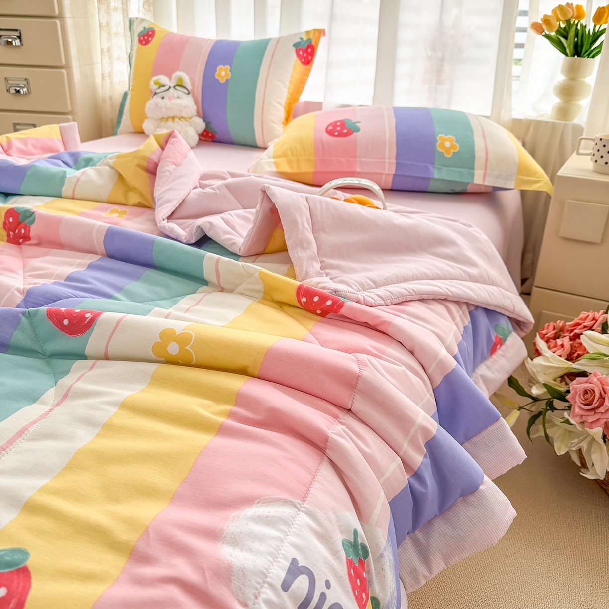 91家纺网 家纺一手货源 找家纺 寝美资家居 2026新款A类里外全棉夏凉被四件套-风格一 草莓甜心