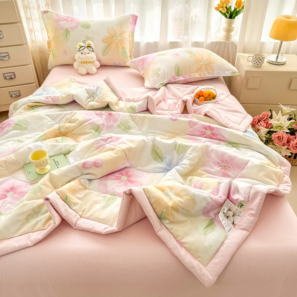 91家纺网 家纺一手货源 找家纺 寝美资家居 2026新款A类里外全棉夏凉被四件套-风格一 花开半夏