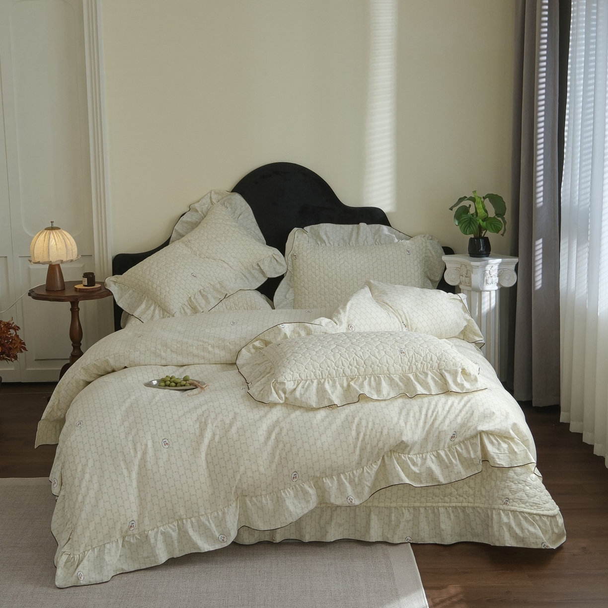 庭笙 2026新款法式复古花边夹棉床盖床盖四件套 莓莓素语-绿