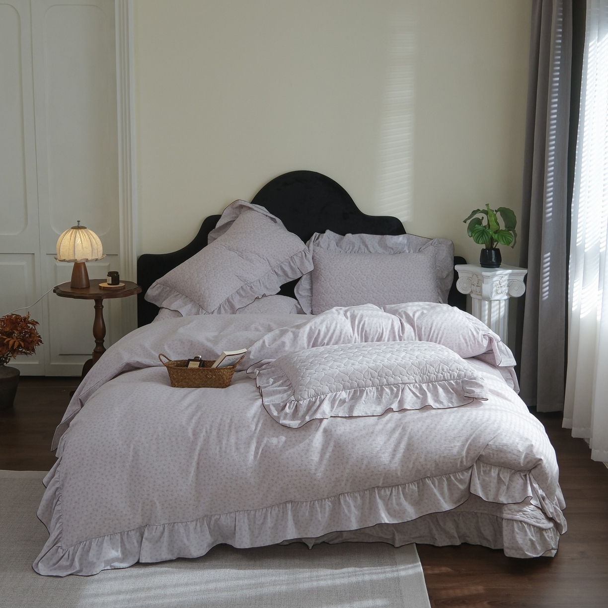 庭笙 2026新款法式复古花边夹棉床盖床盖四件套 羽弦-紫