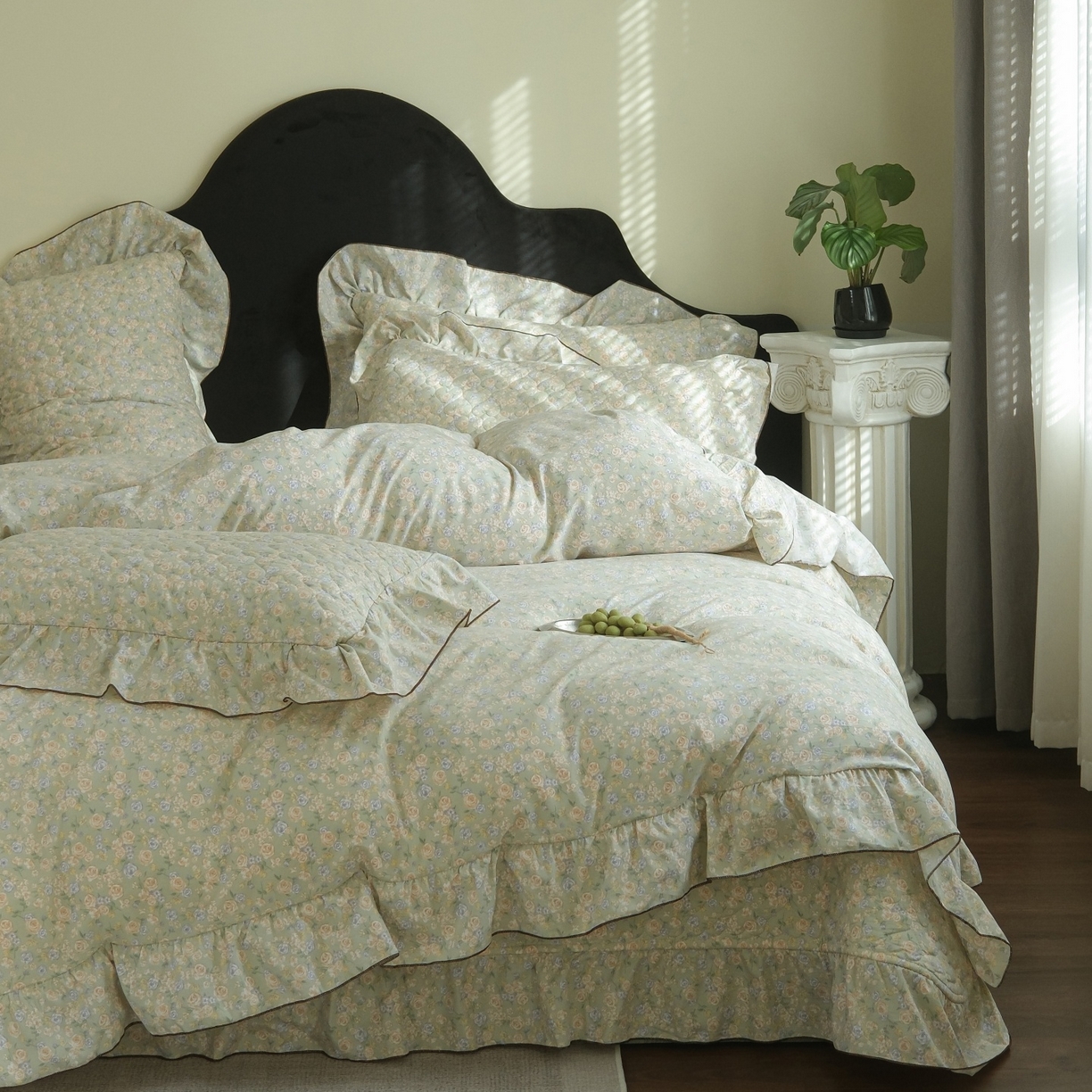 91家纺网 家纺一手货源 找家纺 庭笙 2026新款法式复古花边夹棉床盖床盖四件套 春意玫瑰-绿