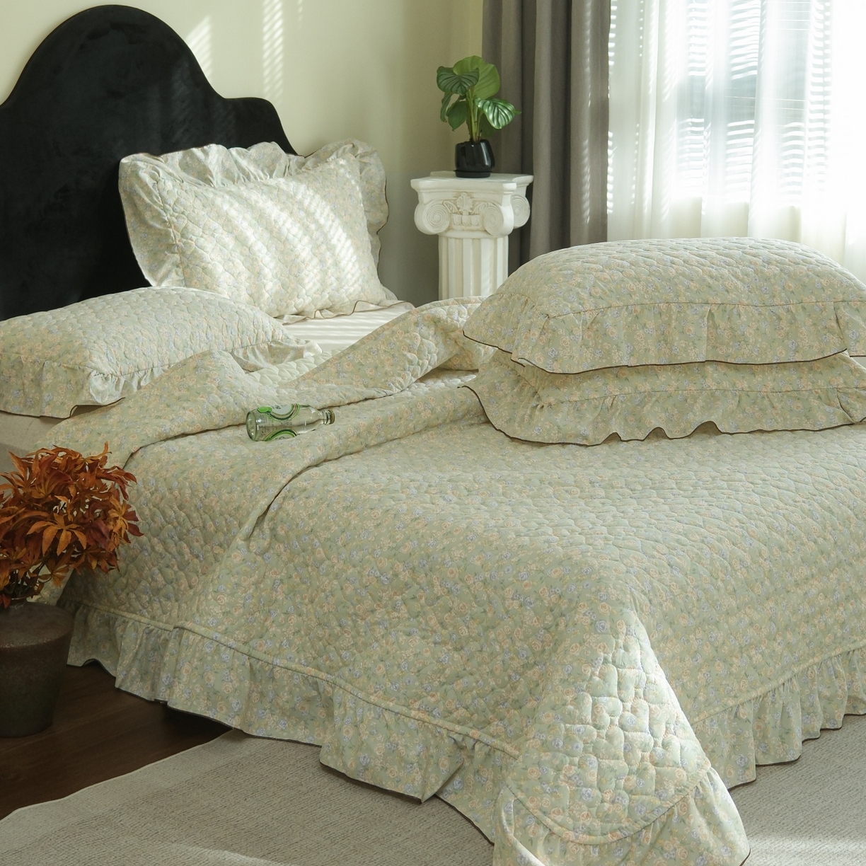 91家纺网 家纺一手货源 找家纺 庭笙 2026新款法式复古花边夹棉床盖床盖四件套 春意玫瑰-绿