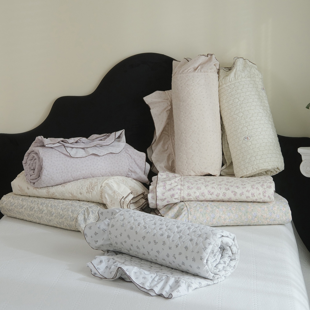 91家纺网 家纺一手货源 找家纺 庭笙 2026新款法式复古花边夹棉床盖床盖四件套 组合图